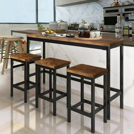 4 Piece Bar Table Set Kitchen Counter Height Table With 3 Stools Space Saving Pub Table Set For 3 Person With Metal Frame