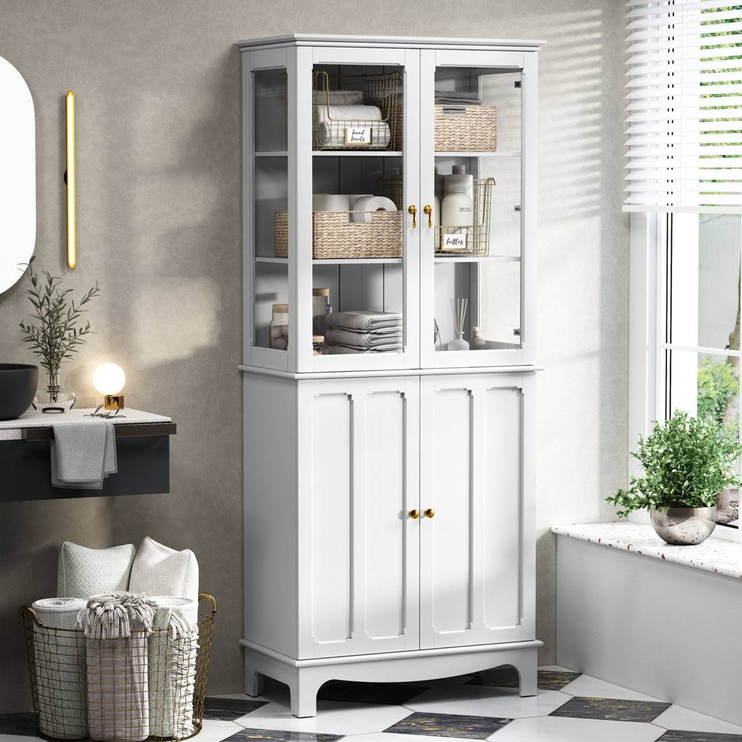 72 Freestanding Kitchen Pantry With Glass Doors And Adjustable Shelves  Finish