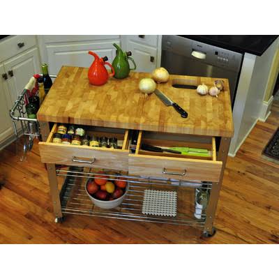 Steel Kitchen Cart With Solid Wood And Locking Wheels  Base Finish