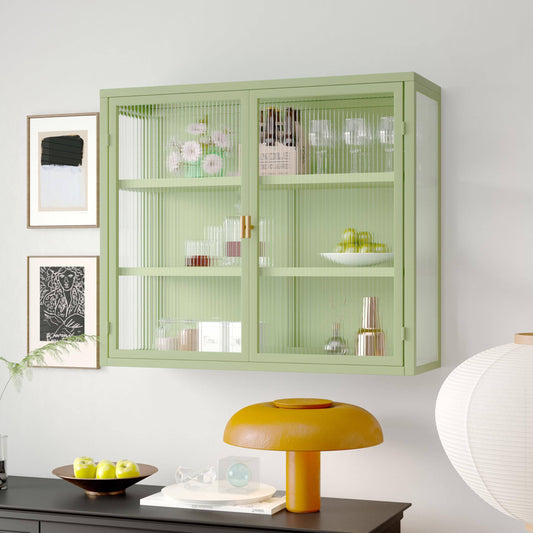 Style Haze Double Glass Door Wall Cabinet With Detachable Shelves For Office, Dining Room,Living Room, Kitchen And Bathroom Mint Green