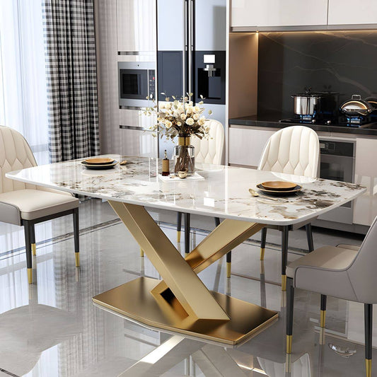 White Stone Modern Dining Table With Sleek Steel Pedestal Base - Gold Pandora Gold 51.2l X 30.7w X 29.5h Without Chairs