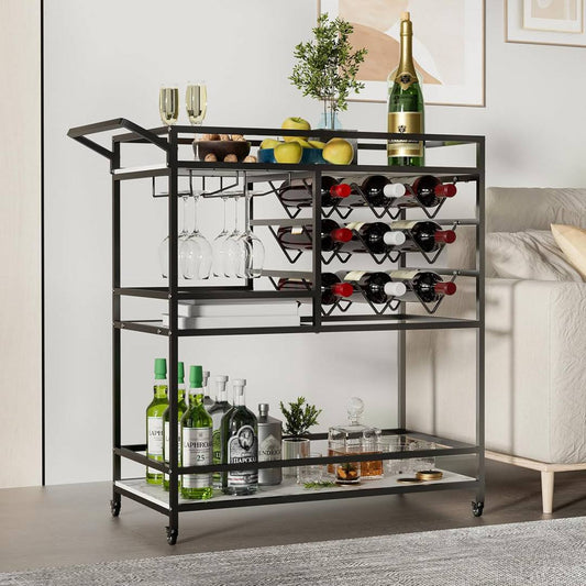 3-Tier Metal Bar Cart With Wine Rack And Glass Storage  Frame