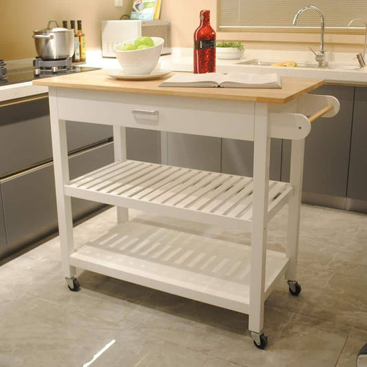 White Kitchen Island Cart With Rolling Wheels In Brake And 2-Shelves And Drawers Kitchen Storage Island With Towel Rack