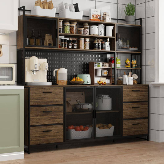 Wood 70.9 In. W Buffet Sideboard Kitchen Pantry Cabinet For Dining Room With Metal Mesh Doors