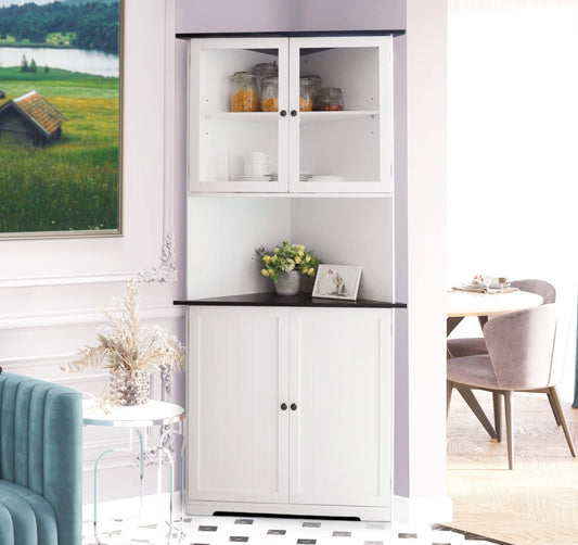 71 Corner Cabinet, Storage Cabinet With 4 Doors And Adjustable Shelves, Tall Hutch Corner Bar Cabinet For Living Room Kitchen Bathroom, White