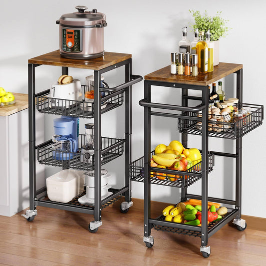 3 Tier Kitchen Rolling Storage Cart With Solid Wood Top And Wheels