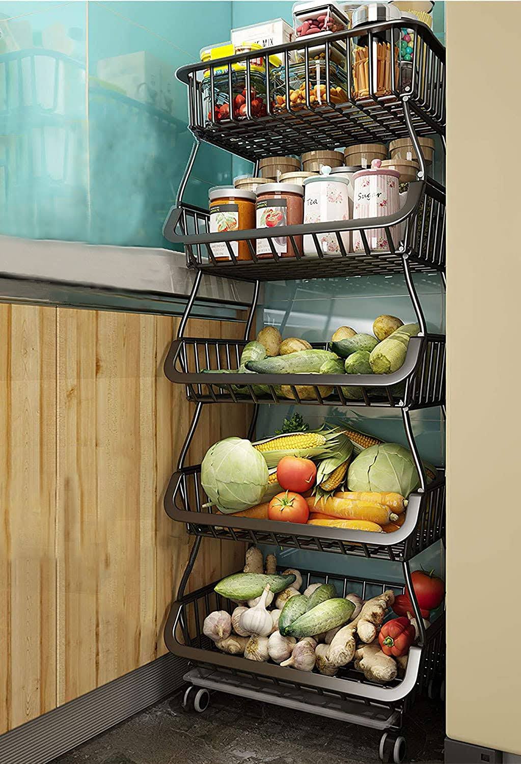 Storage Basket Wheels Stackable Utility Cart Vegetable Basket For Kitchen Pantry