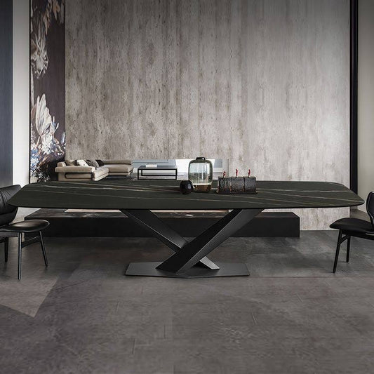 Stone Rectangle Dining Table Industrial Black Kitchen Table With Pedestal Base - 78.7l X 39.4w X 29.5h Without Chairs