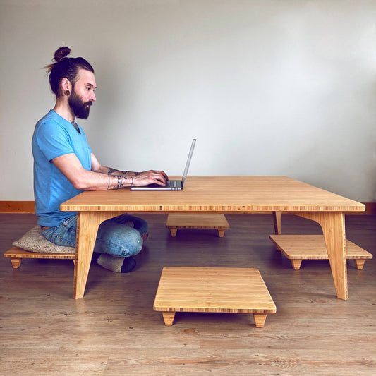 Square Coffee Table | Dining Table | Desk | Japanese Floor Table Chabudai: With Floor Chair For Pillow/Cushion- Natural Bamboo |