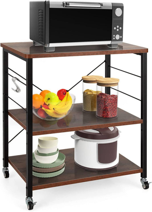 3-Layer Microwave Stand Bakers Rack, Kitchen Rolling Cart With 4 Universal Wheels And 10 Removable Hooks