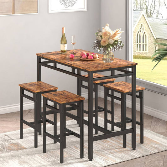 5 Piece Bar Table Set, Modern Counter Height Dining Table And Chairs Set For 4, Wood Kitchen Table And 4 Bar Stools For Small Spaces