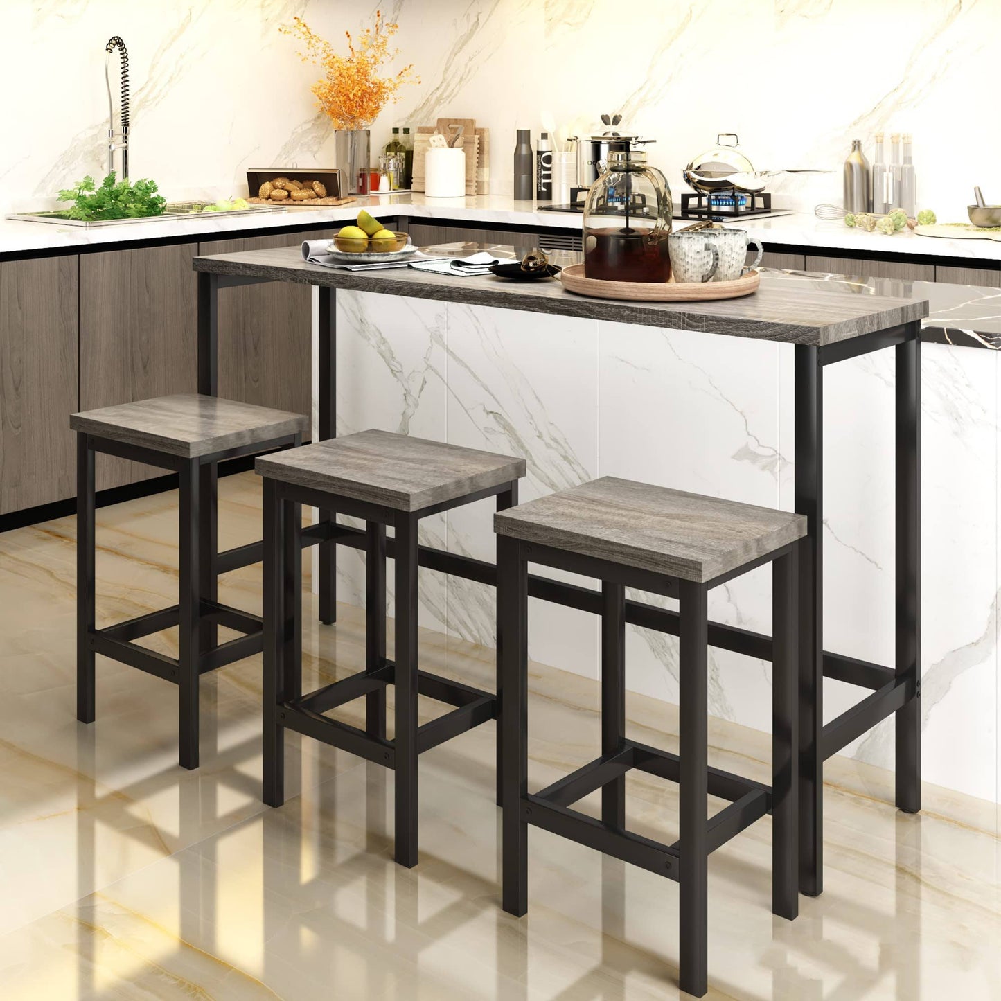 4 Piece Counter Height Extra Long Dining Pub Kitchen Set With 3 Stools