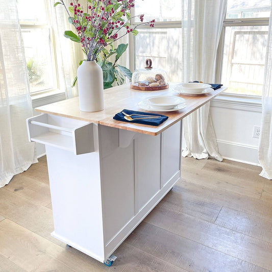 Villa Kitchen Cart With Large Cabinet,Drop-Leaf And Rubber Wood Countertop White