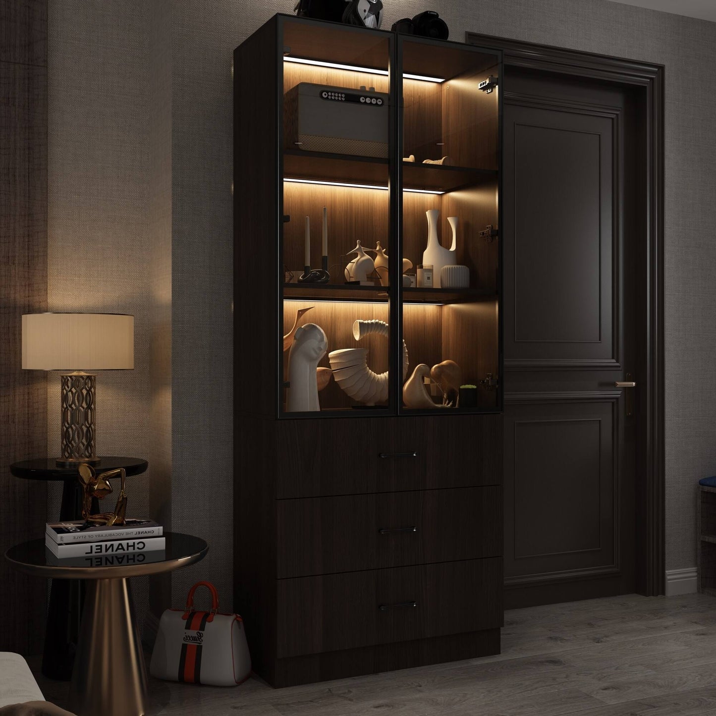 Wood Finish Display Cabinet Led Light Kitchen Living Storage