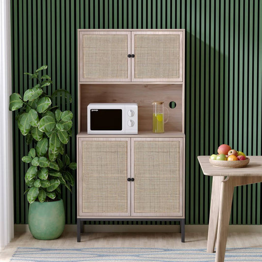 63 Kitchen Buffet Storage Cabinet With Hutch, Pantry Storage Cabinet With Handmade Natural Rattan Cabinet Doors And Outlet With Usb For Microwave