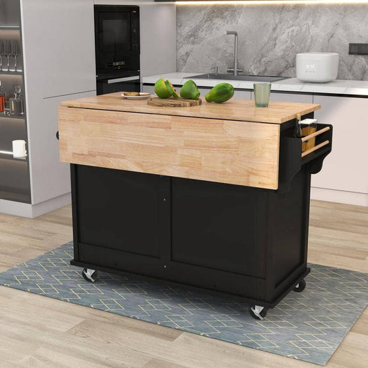 52.2 In. W Kitchen Cart With Rubber Wood Drop-Leaf Countertop, Storage Cabinet And 2-Drawers