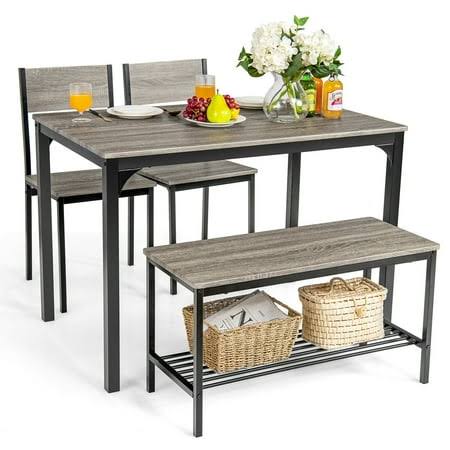 4pcs Dining Table Set Rustic Desk 2 Chairs & Bench W/ Storage Rack Grey, Size: Large, Gray