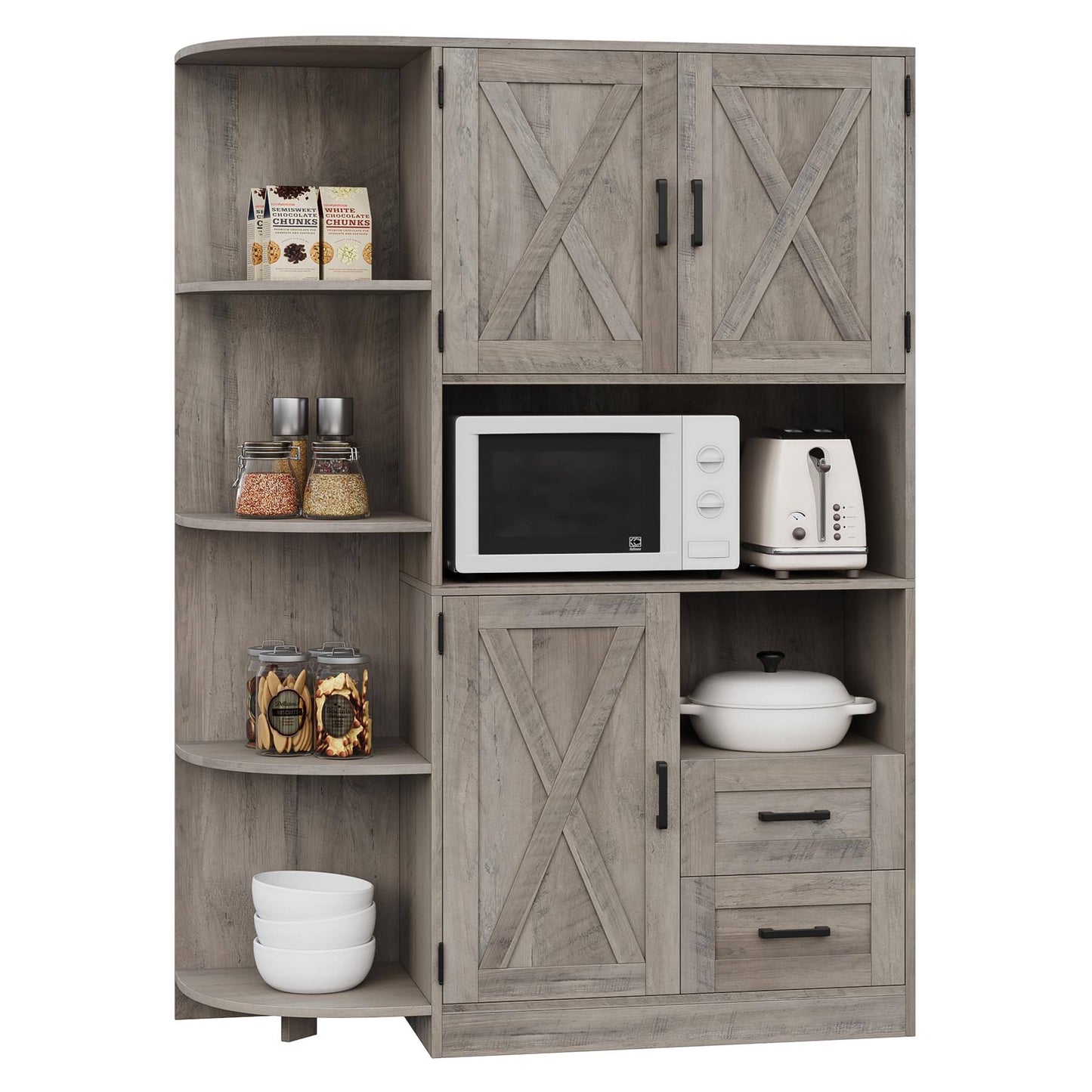 60.4 Farmhouse Kitchen Pantry Storage Cabinet, Freestanding Hutch With Doors & Shelves, Buffet Sideboard With Microwave Stand, Coffee Bar