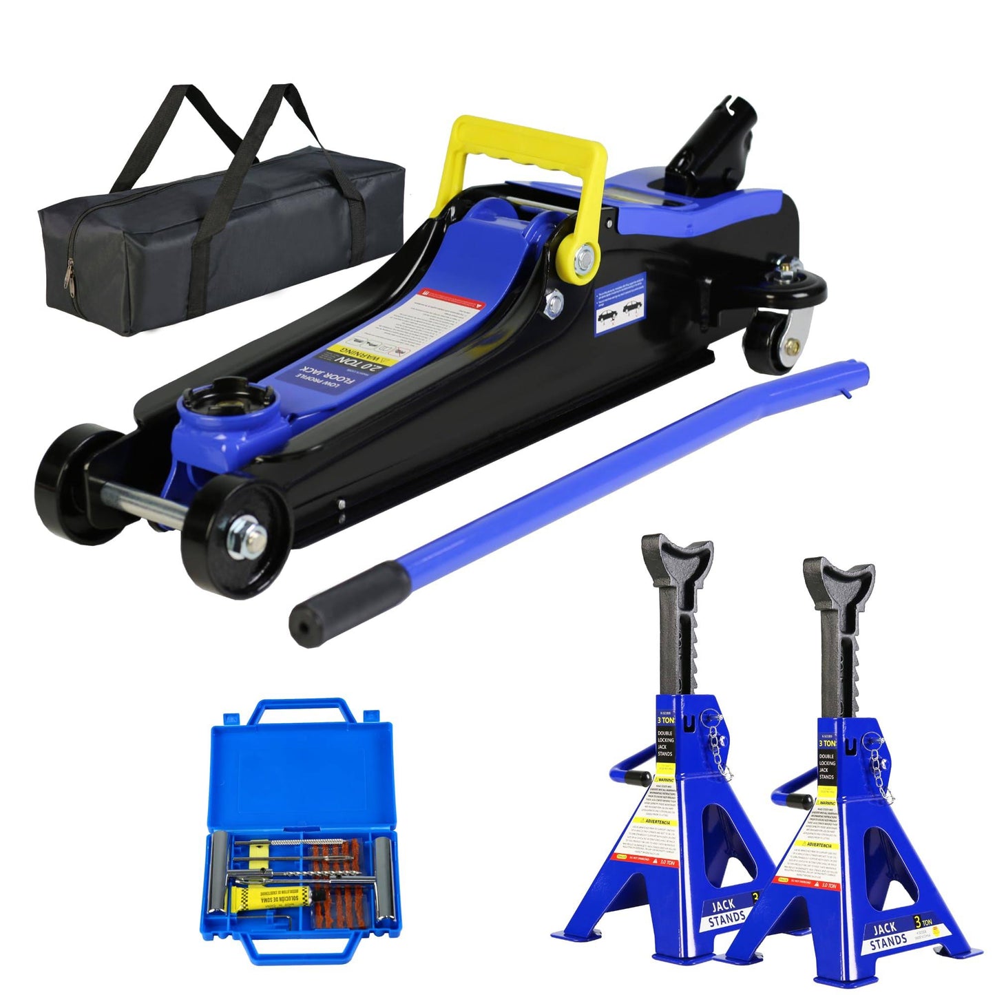 4 Piece Car Truck Floor Jack Service With Jack Stands Tire Repair Kit For Garages, Automotive,Repair Shops And Diy, Portable, 2 Ton 4,000 Lbs,