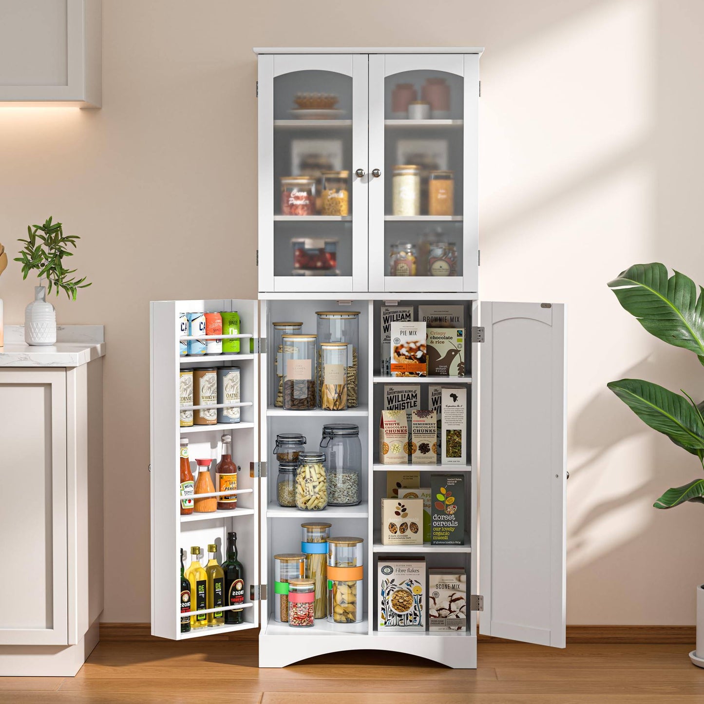 64 Kitchen Pantry Cabinet, Tall Storage Cabinet With Glass Doors And Adjustable Shelves, Freestanding Floor Cabinet Cupboard For Kitchen,