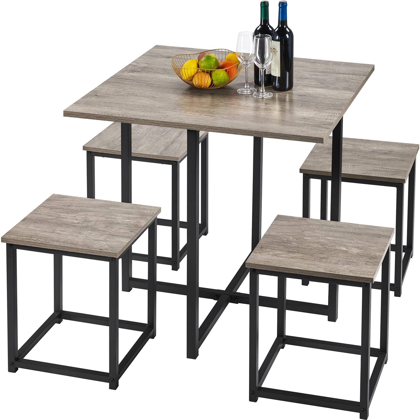 5-Piece Dining Table Set - Industrial Kitchen & Chairs Sets For 4 Compact With Stools Space-Saving Design Apartment, Small Space,