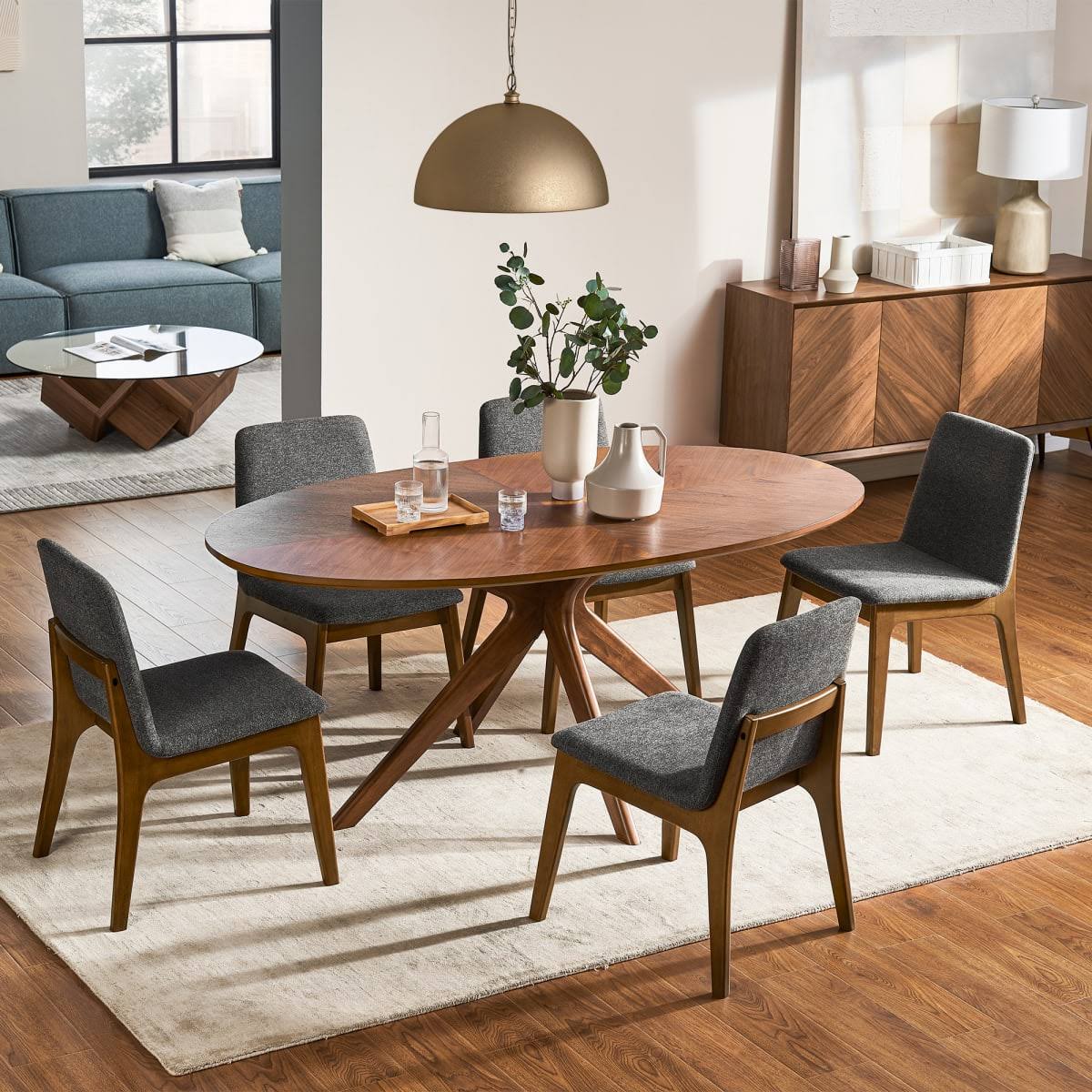 Walnut Wood Oval Dining Table Set With 4 Chairs