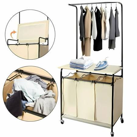 3-Bag Laundry Sorter Rolling Cart With Hanging Bar And Ironing Board