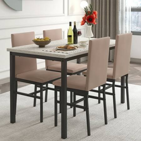 5 Piece Kitchen Dining Table And Chair Set Dining Room Table Set With Faux Marble Table Pu Leather Padded Chairs