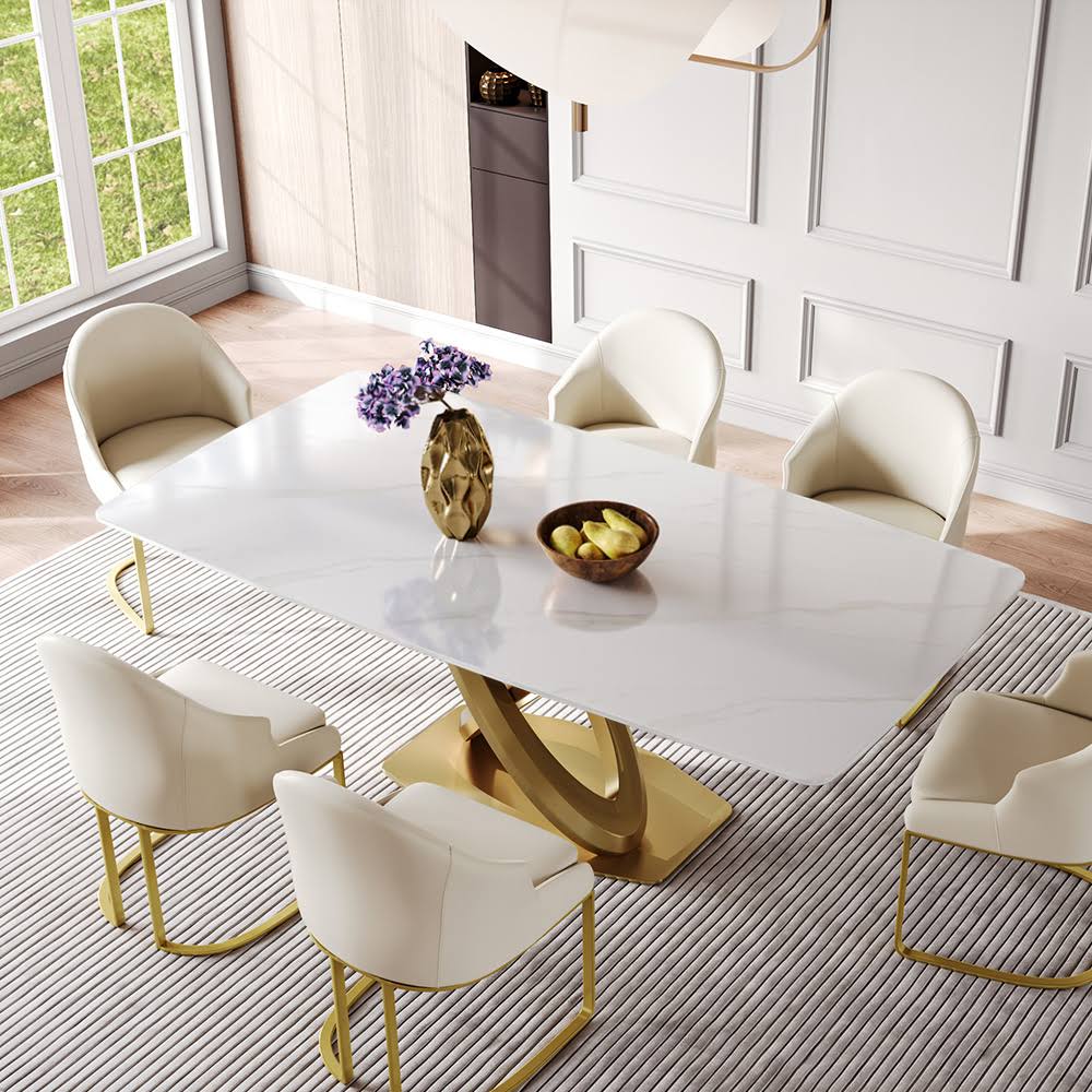 7pcs Modern Luxe Glossy Kitchen Dining Table Brass Sets ( 71 Table + 6 Chairs ), White Rectangular Sintered Stone Tabletop, X-Shape Titanium Gold