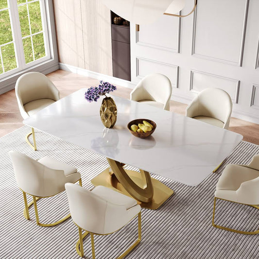 7pcs Modern Luxe Glossy Kitchen Dining Table Brass Sets ( 71 Table + 6 Chairs ), White Rectangular Sintered Stone Tabletop, X-Shape Titanium Gold