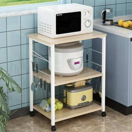 3-Tier Mobile Kitchen Cart Rolling Bakers Rack Microwave Oven Stand Shelf Cart On Wheels With 10 Hooks Kitchen Utility Storage Organizer, Easy