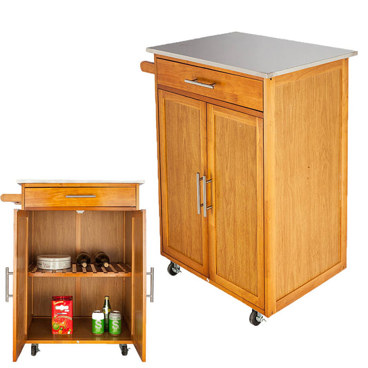 Wood Rolling Kitchen Island Trolley Cart Teel Top Storage Cabinet 2 Door