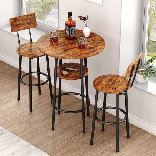 3 Piece Pub Table Set, 2-Tier Small Round Bar Bistro Table And 2 Bar Stools With Backrest Bar Height Table And Chair Dining Set For Kitchen