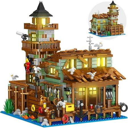 Village Store House Building Set With Led Light 1881 Pcs Wood Cabin Mini Building Block