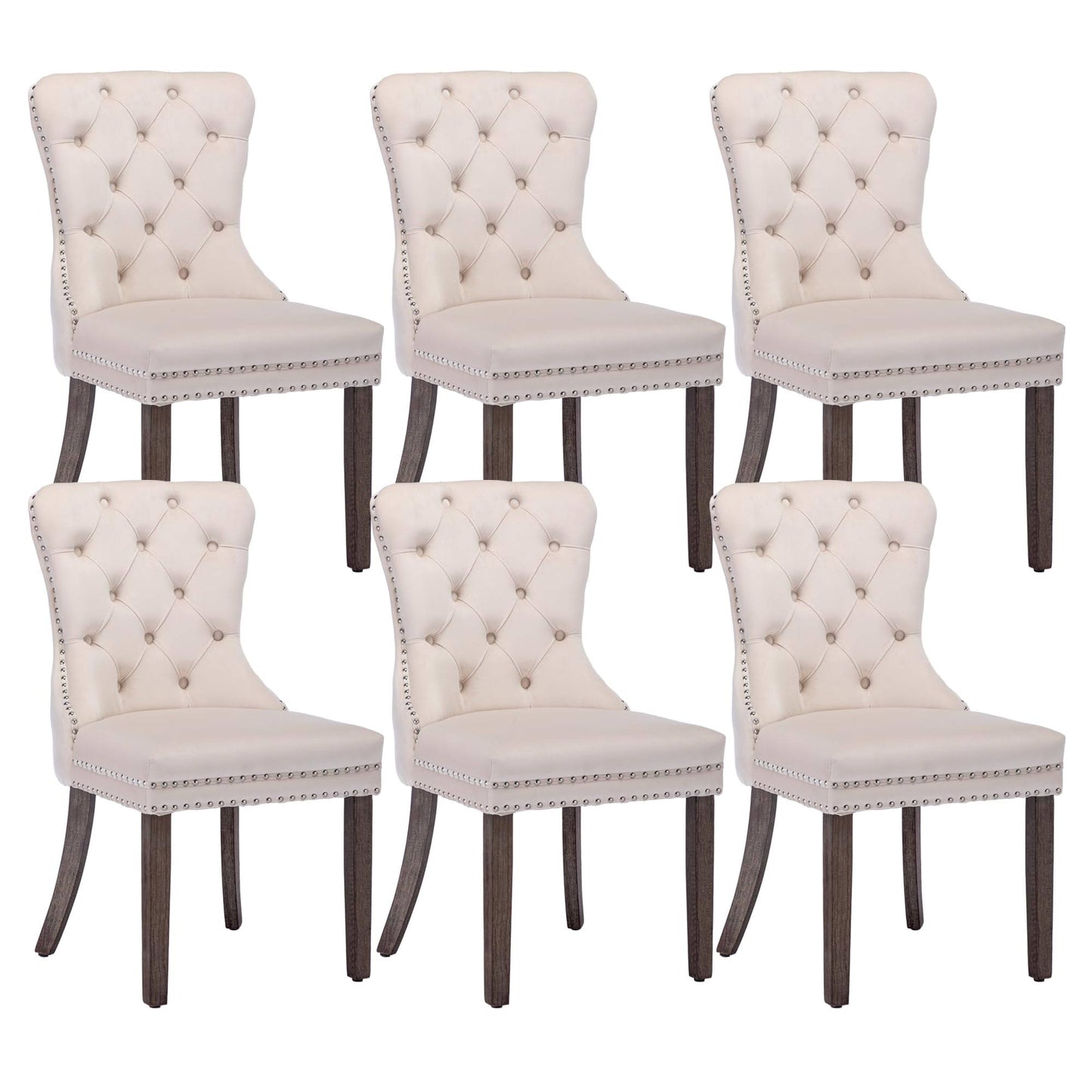 Velvet Dining Chairs Set Of 6, Upholstered High-End Tufted Dining Room Chair With Nailhead Back Ring Pull Trim Solid Wood Legs, Nikki Collection