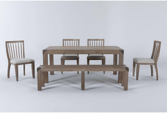 With Bench, Wood Back And Upholstered Chairs Set For 6 Rustic