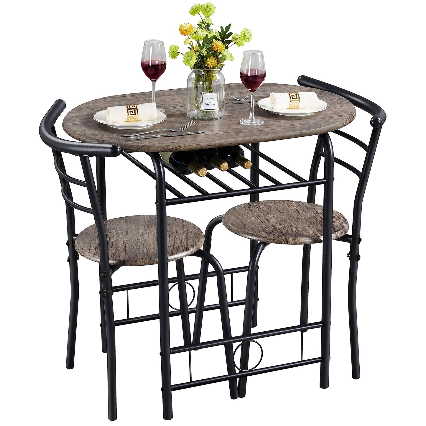 3 Piece Dining Table Set, Kitchen Table & Chair Sets For 2, Compact Bistro Table Set With Steel Legs, Built-In Wine Rack For Small Space,