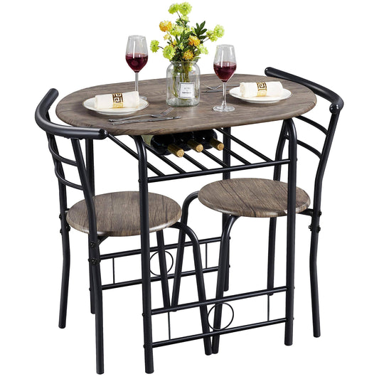 3 Piece Dining Table Set, Kitchen Table & Chair Sets For 2, Compact Bistro Table Set With Steel Legs, Built-In Wine Rack For Small Space,