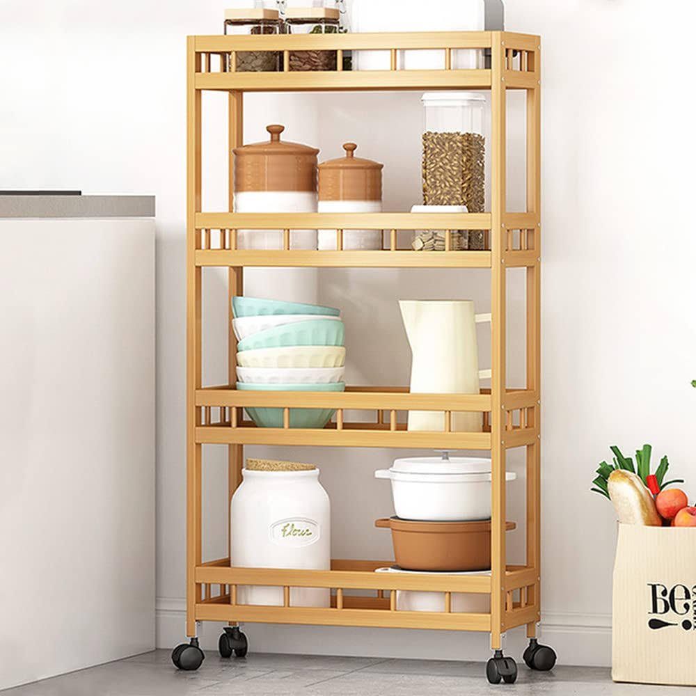 4-Tier Bamboo Kitchen Rolling Cart Removable Wood Trolley Island Cart