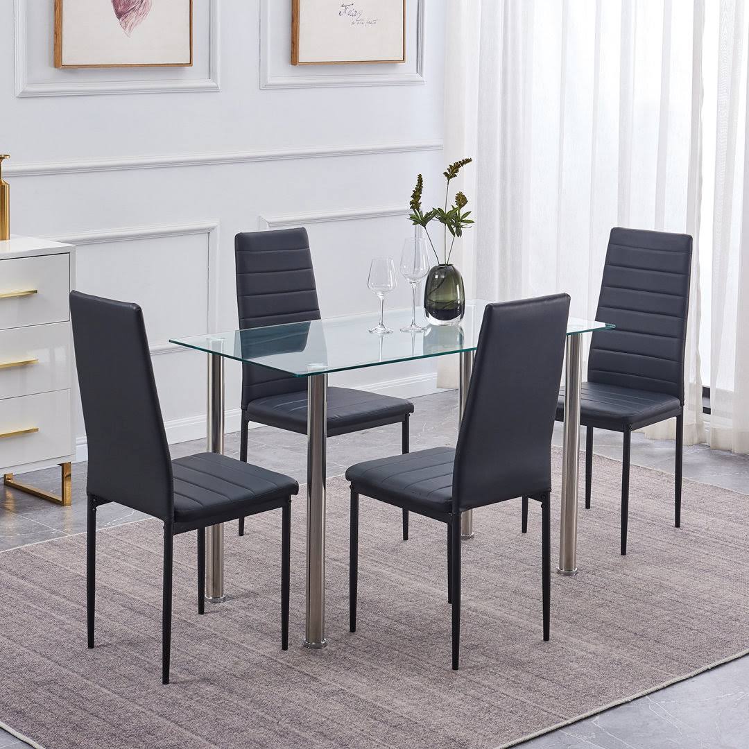 Table Set For 4,  5 Piece Kitchen Table And Chairs Tempered Glass Table Top And 4 Leather Metal Frame Chairs