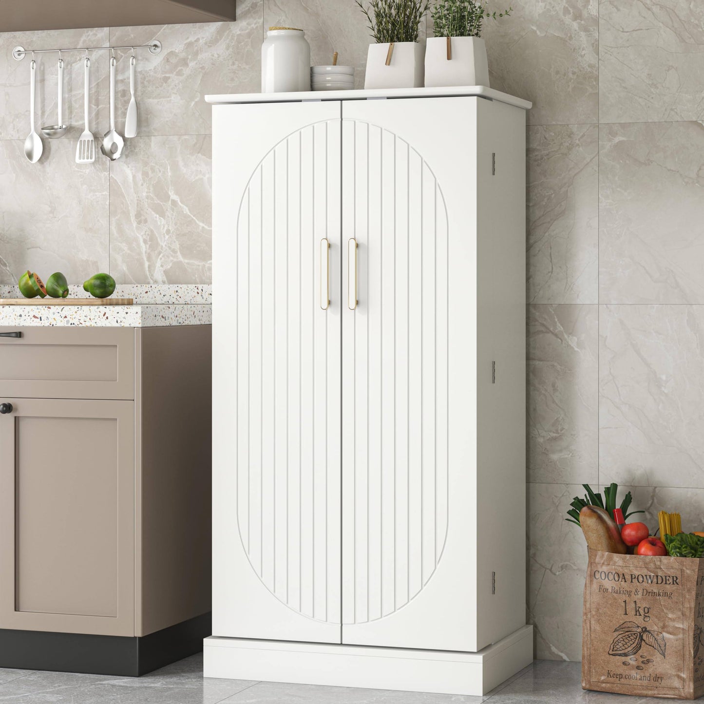 47 Kitchen Pantry Cabinets, Freestanding Kitchen Pantry Storage Cabinet With Doors And Adjustable Shelves