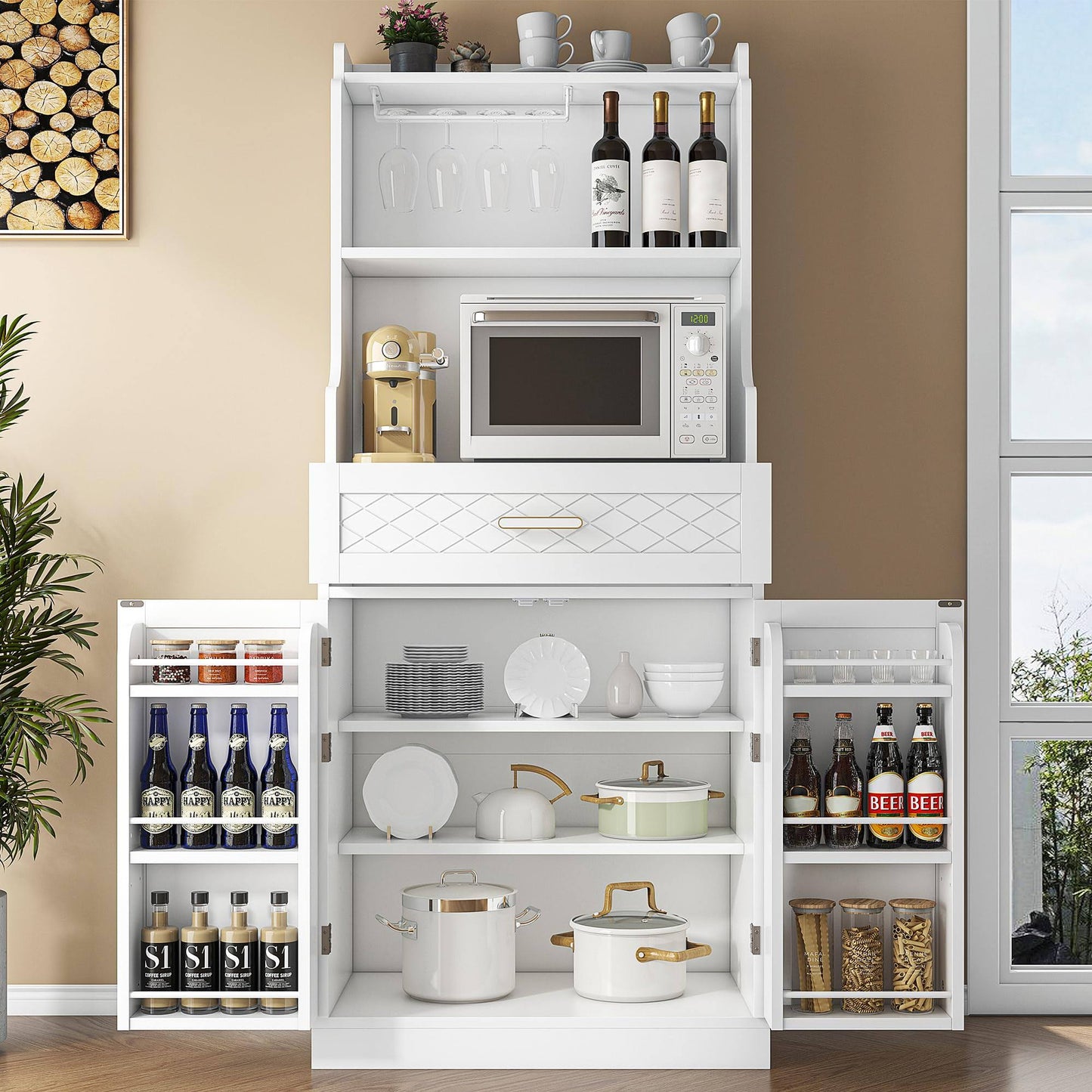 66 Pantry Cabinet With Adjustable Shelves And Drawer Freestanding Microwave Stand Bakers Rack With Wine Glass Holder