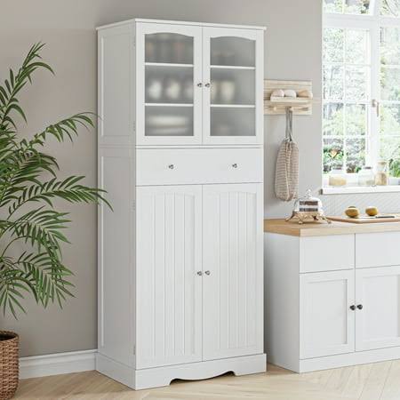 70.8 Kitchen Pantry With 4 Doors, Freestanding Storage Cabinet With Large Drawer For Dining Room, White, Size: One Size