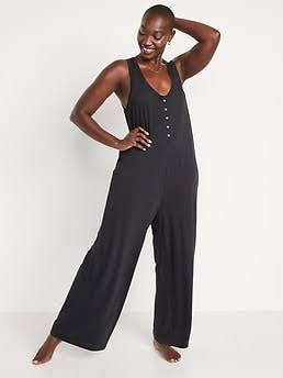 Womens Sleeveless Sunday Sleep Henley Wide-Leg Lounge Jumpsuit