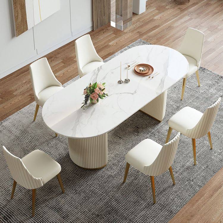 Sintered Stone Dining Table Luxury Fixed Table With Double Base - White 51.2l X 27.5w X 29.9h Without Chairs