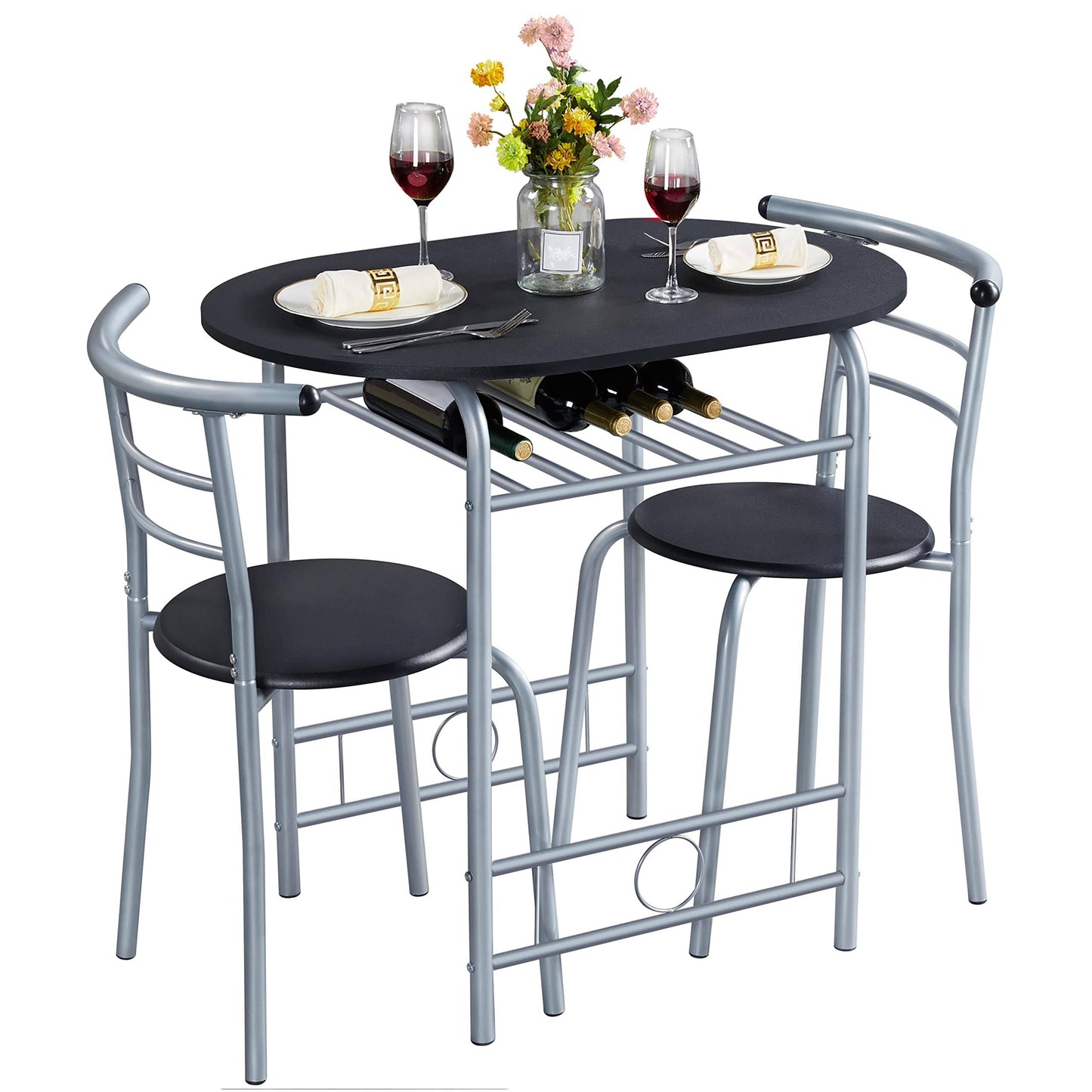 3-Piece Dining Room Table Set, Kitchen Table & Chair Sets For 2, Compact Table Set W/Steel Legs, Built-In Wine Rack For Breakfast Nook,