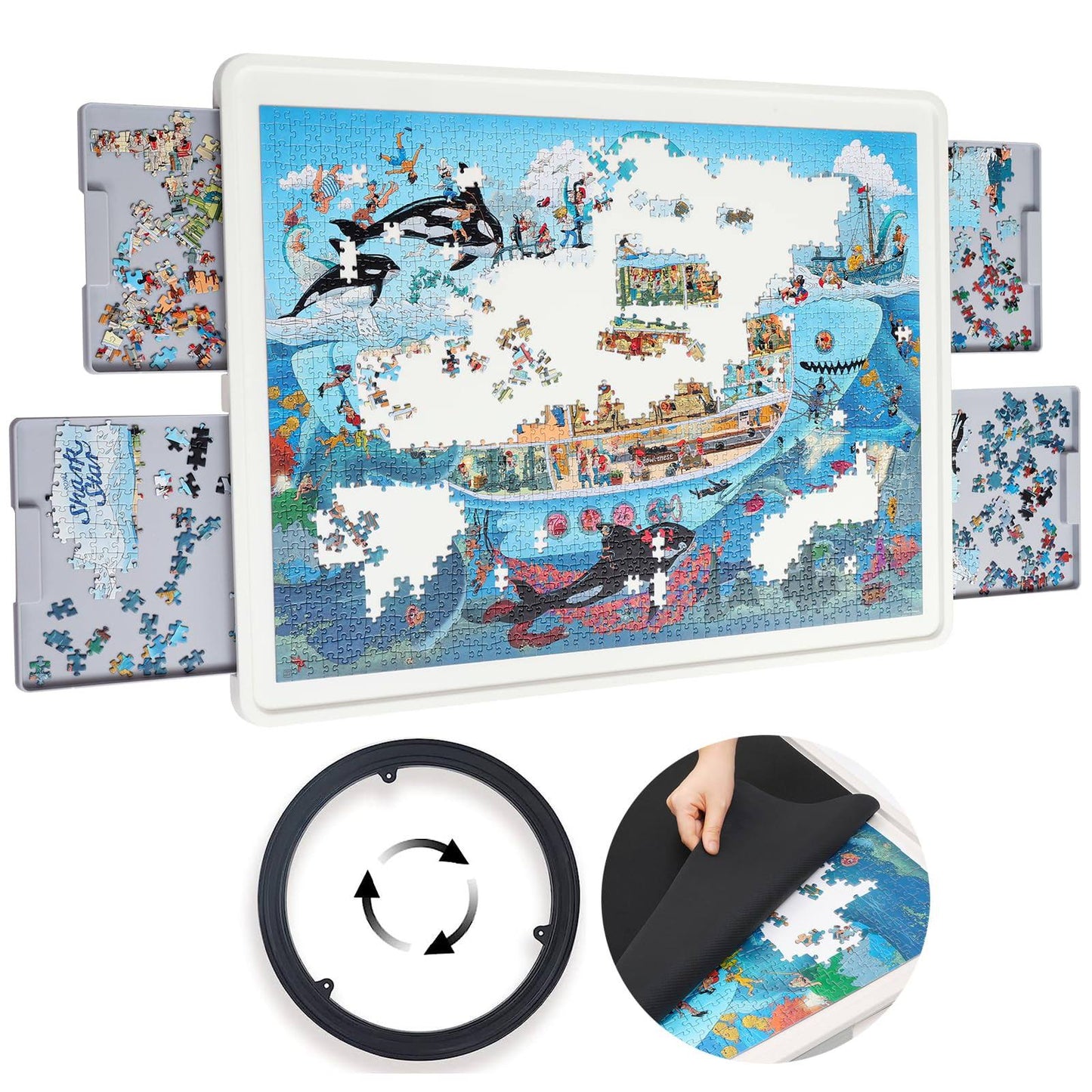 1500 Pieces Rotating Plastic Puzzle Board With Drawers And Cover, 35x27 Portable Jigsaw Puzzle Table For Adults, Lazy Susan Spinning