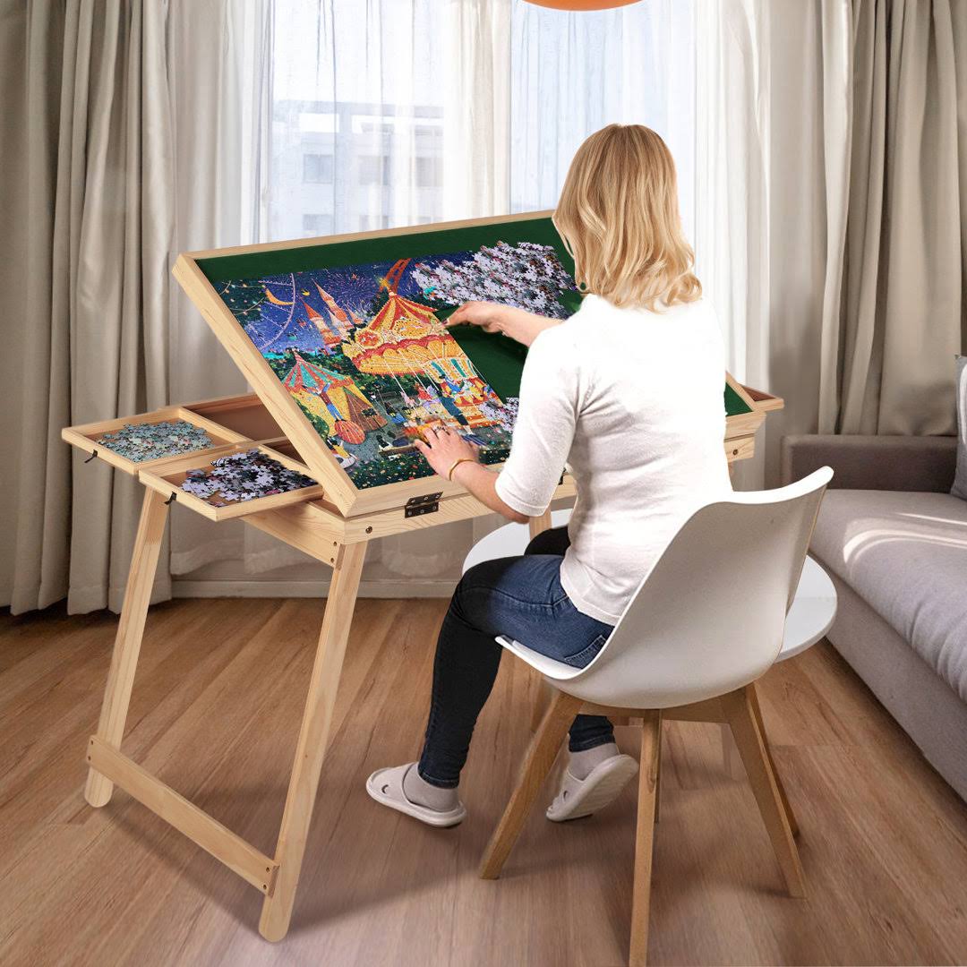 1500pcs Puzzle Board Wooden Jigsaw Puzzle Table With Folding Legs,6 Drawers And Cover Tonchean