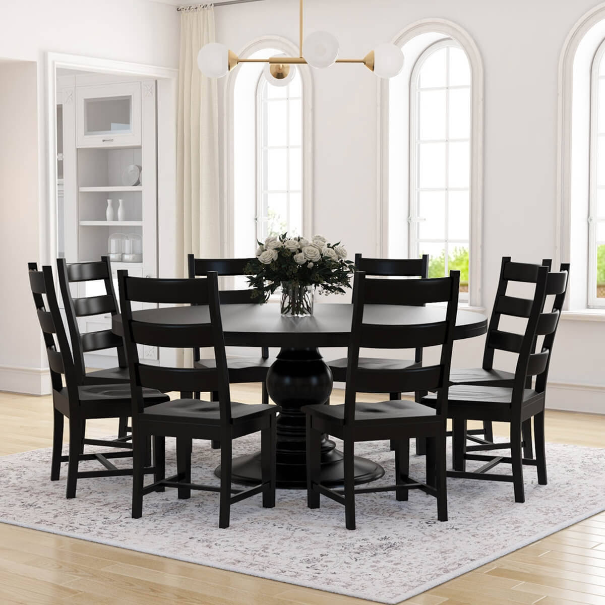 Solid Wood Black Round Dining Table Chair Set For 6 People