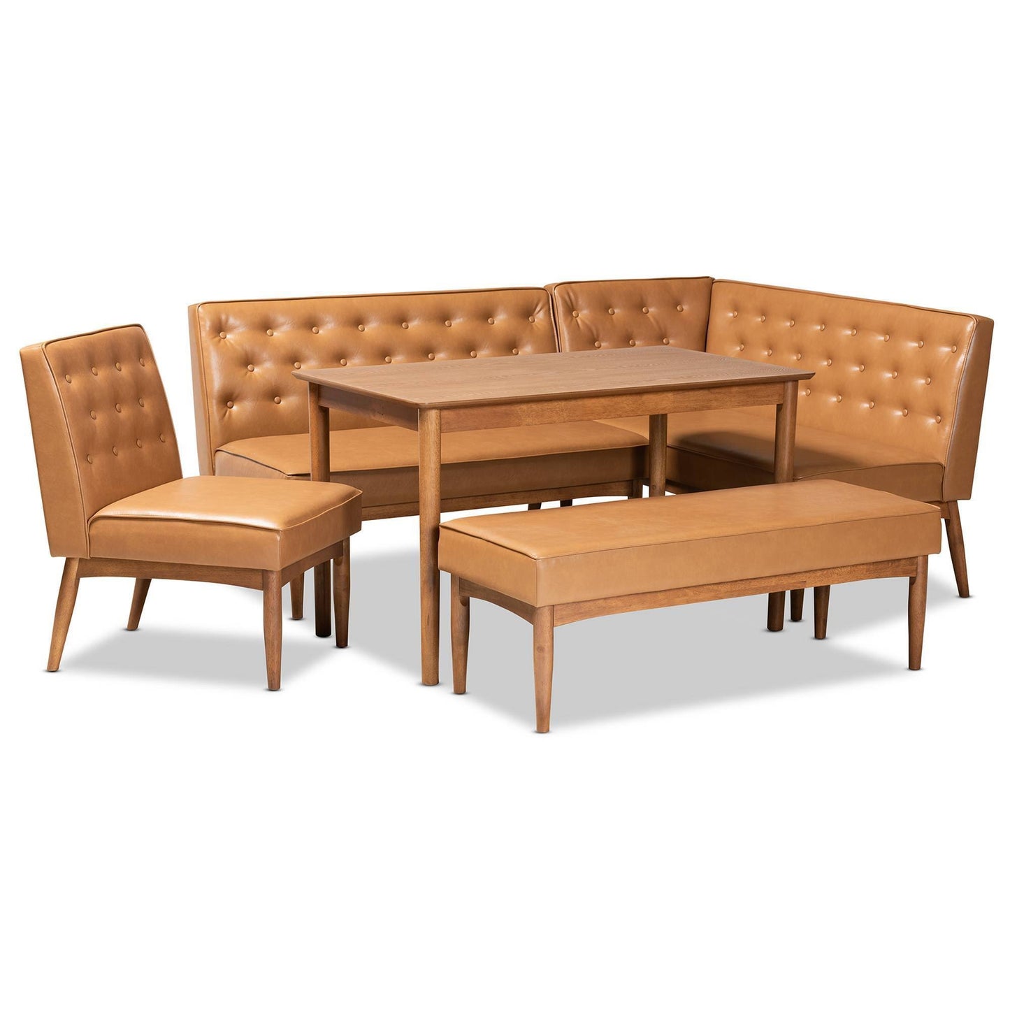 Studio Riordan Mid-Century Modern Faux Leather Upholstered And Walnut Brown Finished Wood Dining Nook Set